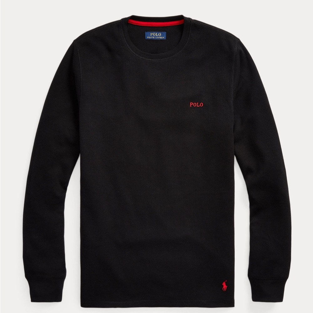 NEW Polo Ralph Lauren Mens Cotton Blend Waffle-Knit Thermal Shirt Black Sz L